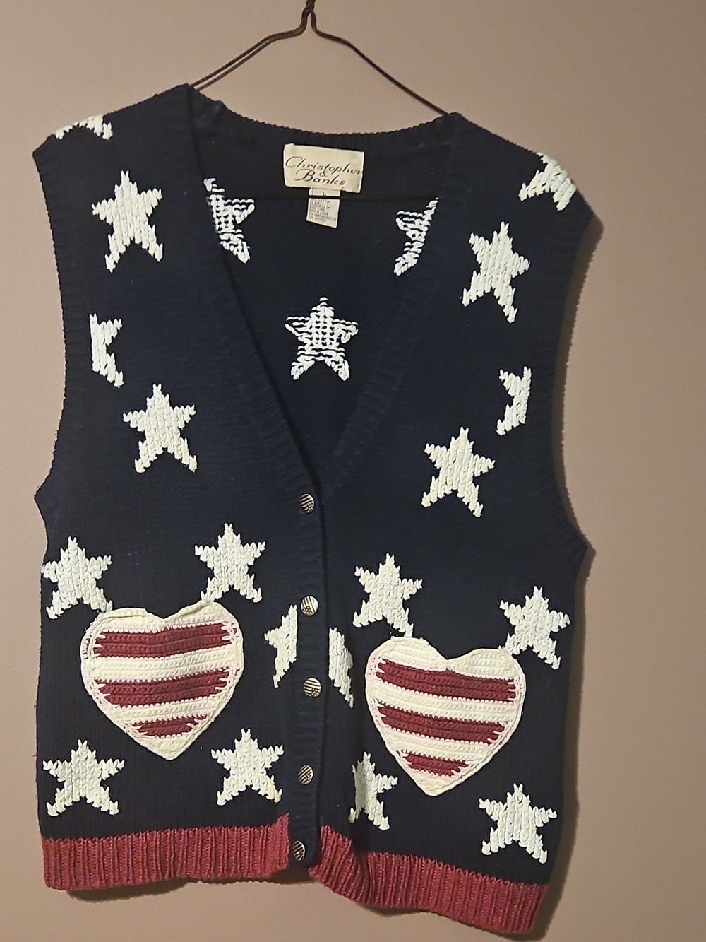Christopher Banks Navy Star & Heart Knit Vest - Patriotic Colors- Vintage